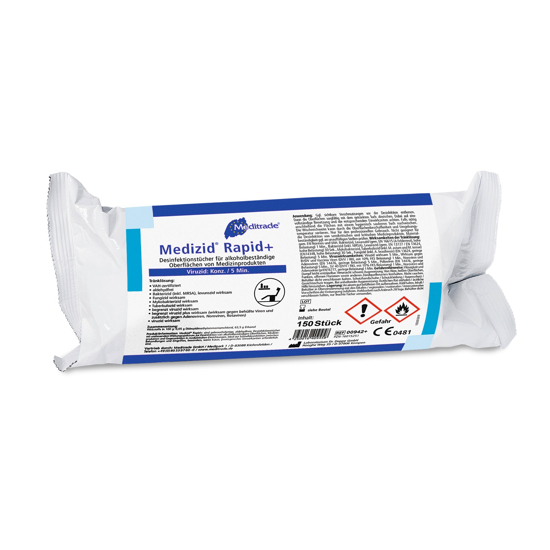 Meditrade Medizid Rapid+ Desinfektionstücher Nachfüllpackung – Inhalt: 150 Stück
