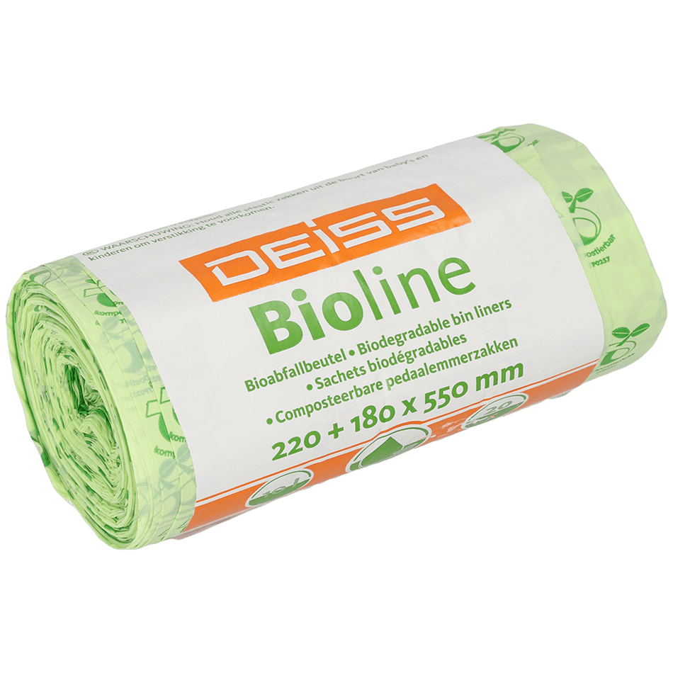 DEISS BIOLINE Müllbeutel, Biofolie, 10 L, Natur, 220+180x550x0,018 mm | Rolle (20 Stück)