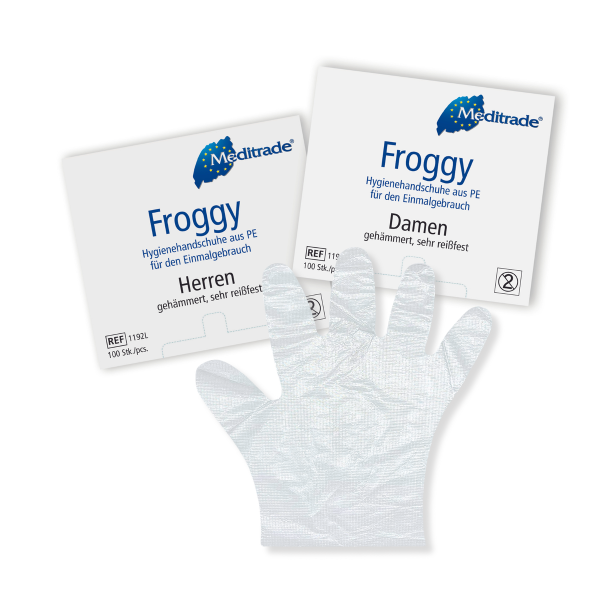 [MTD-BILD:1192_froggy_p1_v1.png] Meditrade Froggy Hygienehandschuh aus reißfestem Polyethylen