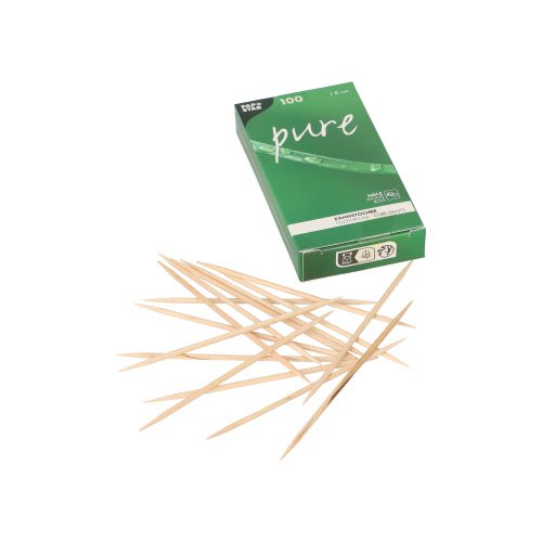 PAPSTAR Zahnstocher "pure" aus Holz, rund, 8 cm | Faltschachtel (100 Stück)