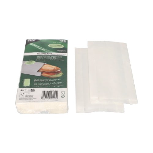 PAPSTAR Butterbrotbeutel fettdicht, 21x10x3 cm, weiß | Schrumpffolie (100 Stück)