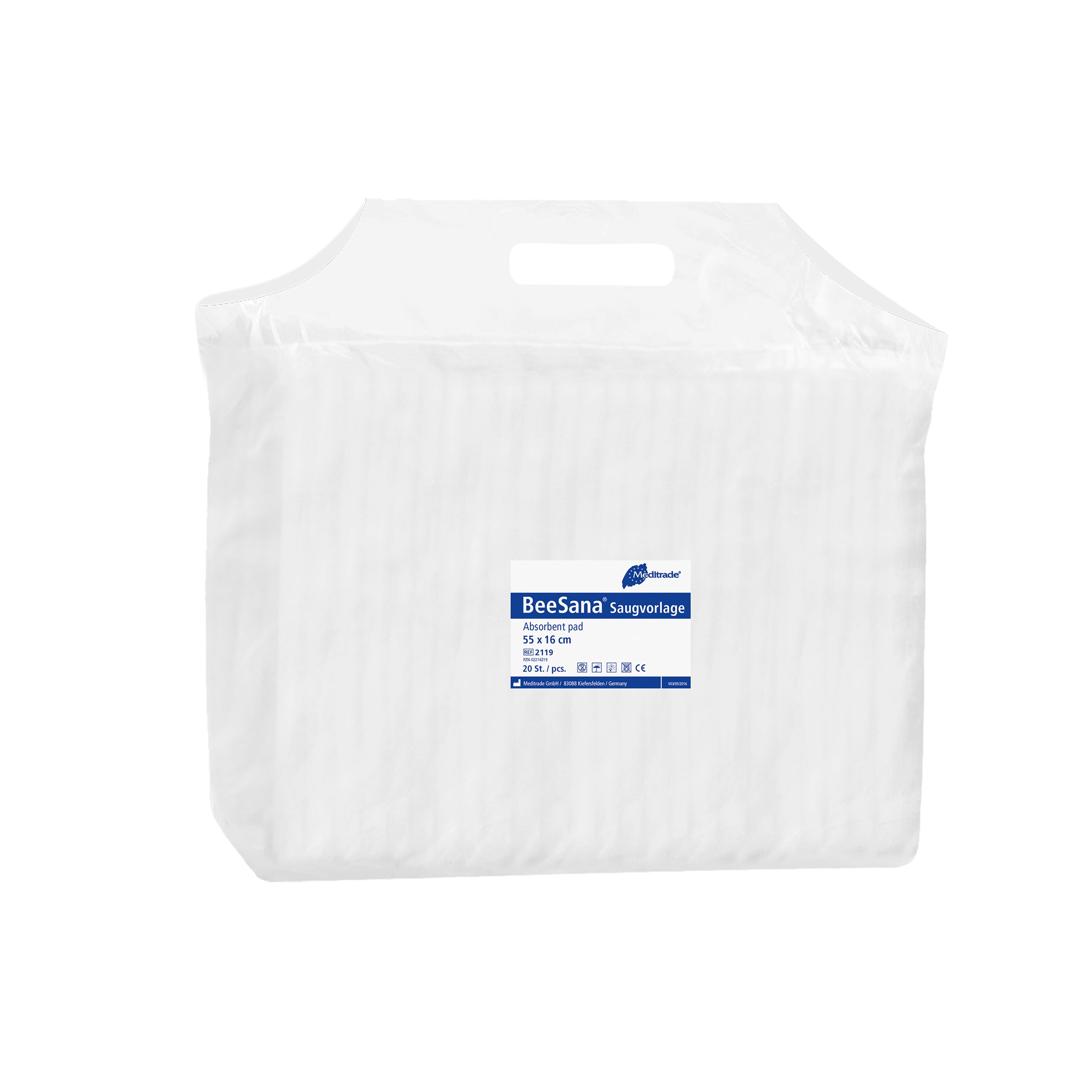 Meditrade BeeSana Saugvorlage - Größe: 16 x 55 cm | Inhalt: 5 Packungen à 20 Stück (100 Stück) – Verpackungsansicht