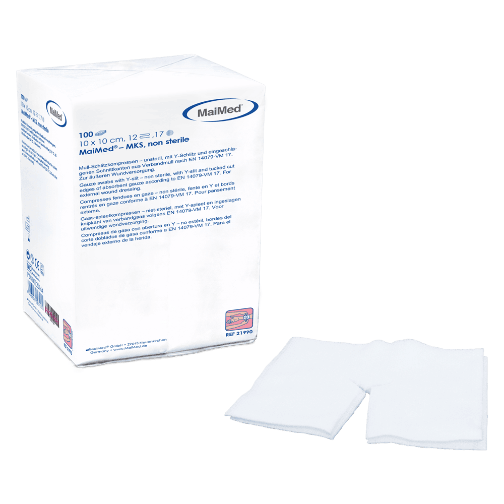 MaiMed® MKS - Mull-Schlitzkompresse | Format: 5 × 5 cm | Lagenzahl: 8-lagig