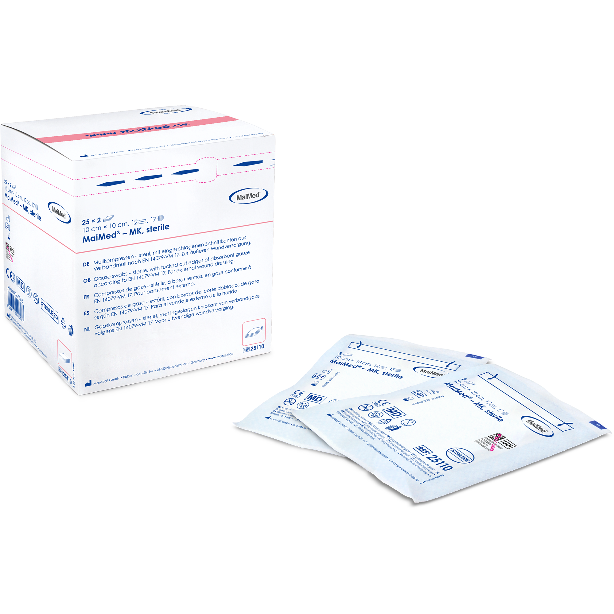 MaiMed® MK steril - Sterile Mullkompresse | Format: 5 × 5 cm | Lagenzahl: 8-lagig | Inhalt: 100 × 1 Spenderbox