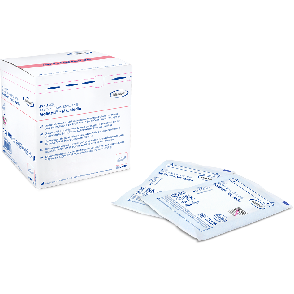 MaiMed® MK steril - Sterile Mullkompresse | Format: 5 × 5 cm | Lagenzahl: 8-lagig | Inhalt: 100 × 1 Spenderbox