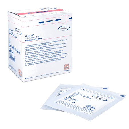 MaiMed® VK steril - Sterile Vlieskompresse | Format: 5 × 5 cm | Lagenzahl: 4-lagig | Inhalt: 25 × 2 Spenderbox