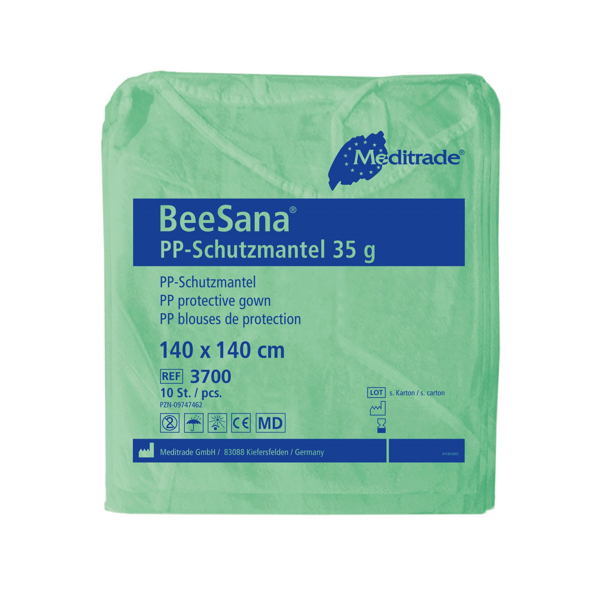 Meditrade BeeSana PP-Schutzmantel 35 g – Maße: 140 × 140 cm | Farbe: Grün | Trikotbündchen | Inhalt: 100 Stück