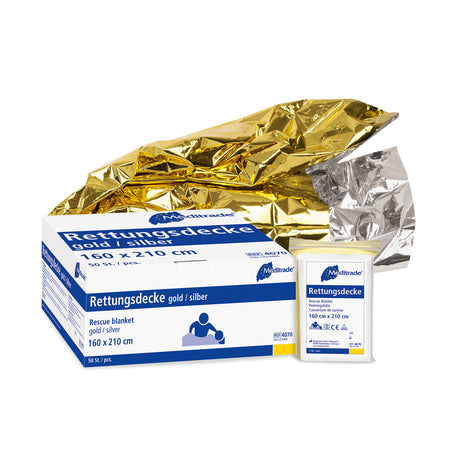 Meditrade Rettungsdecke – Gold / Silber | Maße: 160 × 210 cm | Inhalt: 50 Stück