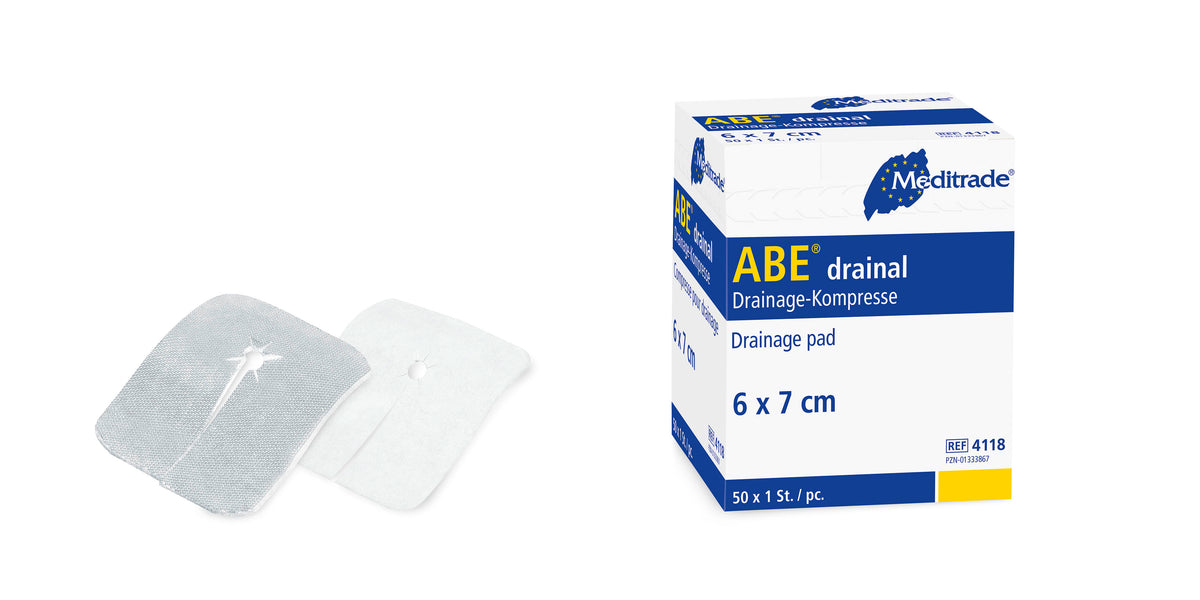 Meditrade ABE® drainal steril – Maße: 6 × 7 cm | Inhalt: 50 Stück – Verpackungsansicht
