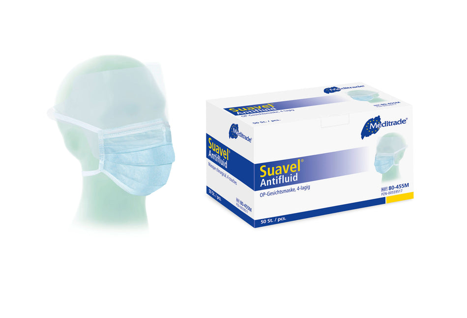 Meditrade Suavel® Antifluid OP-Maske mit Schutzvisier – Typ IIR | Farbe: Blau | Inhalt: 50 Stück – Produktansicht