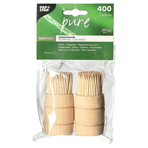 PAPSTAR Zahnstocher aus Holz "pure", rund, 6,8 cm, im Holzspender | Beutel (400 Stück)