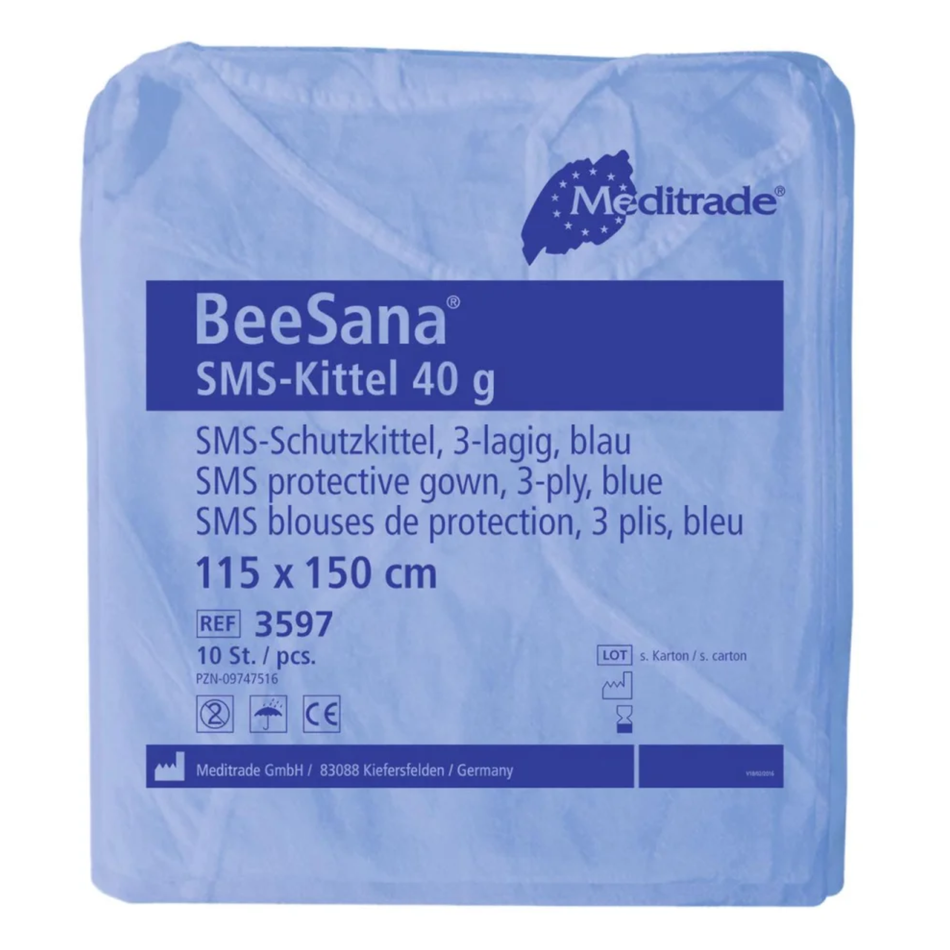 Meditrade BeeSana SMS-Kittel 40 g – Maße: 115 × 150 cm | Farbe: Blau | Schutz gegen Flüssigkeitsspritzer | Inhalt: 50 Stück