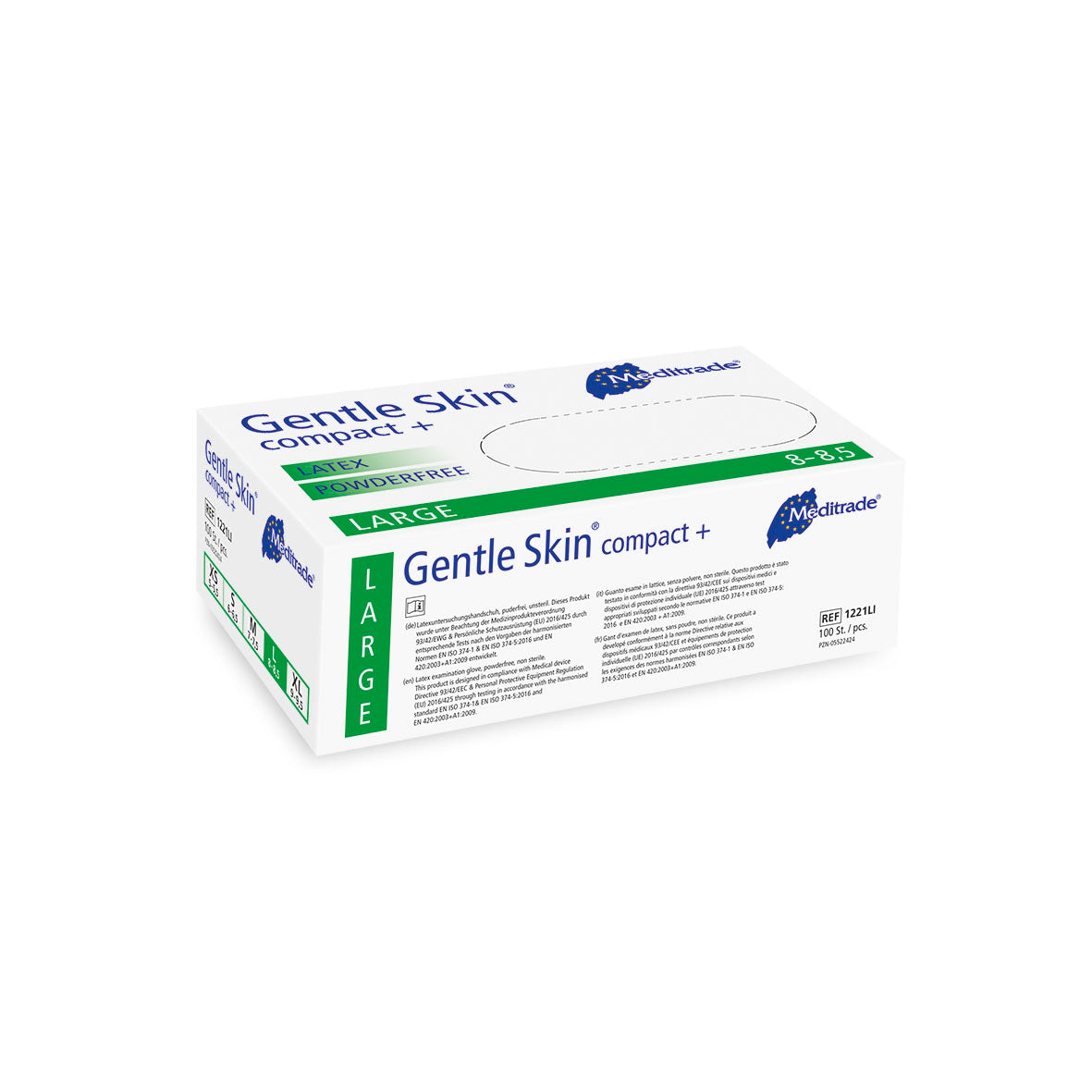 Meditrade Gentle Skin compact+ Untersuchungshandschuh aus Latex – Verpackungsansicht