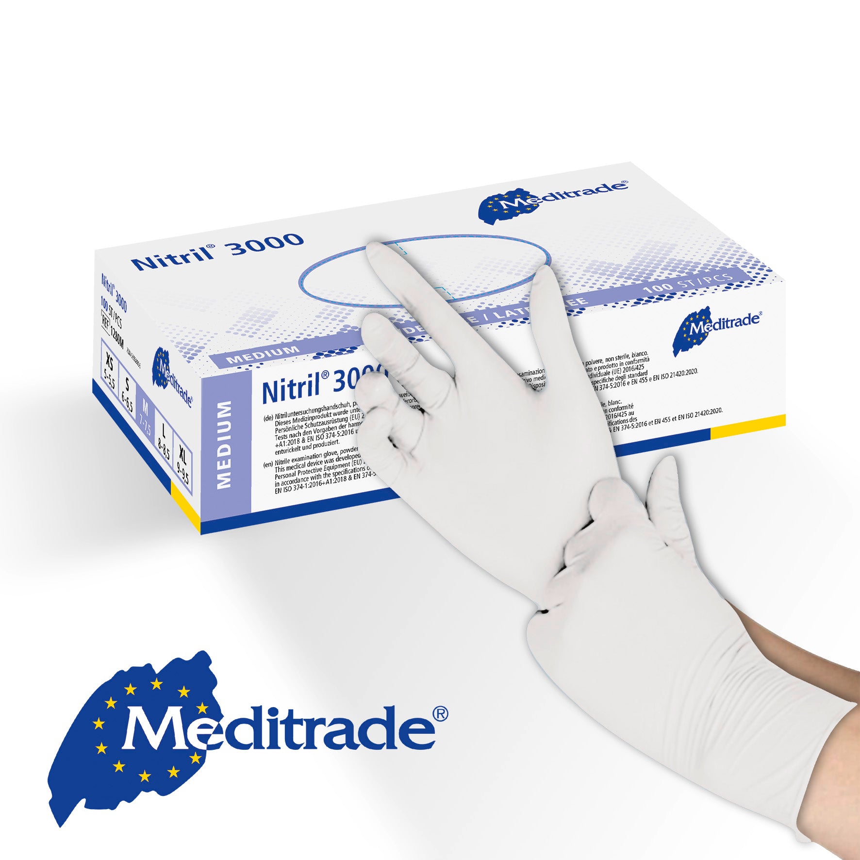 Meditrade Nitril 3000 Untersuchungshandschuh aus Nitril – Produkt und Verpackung