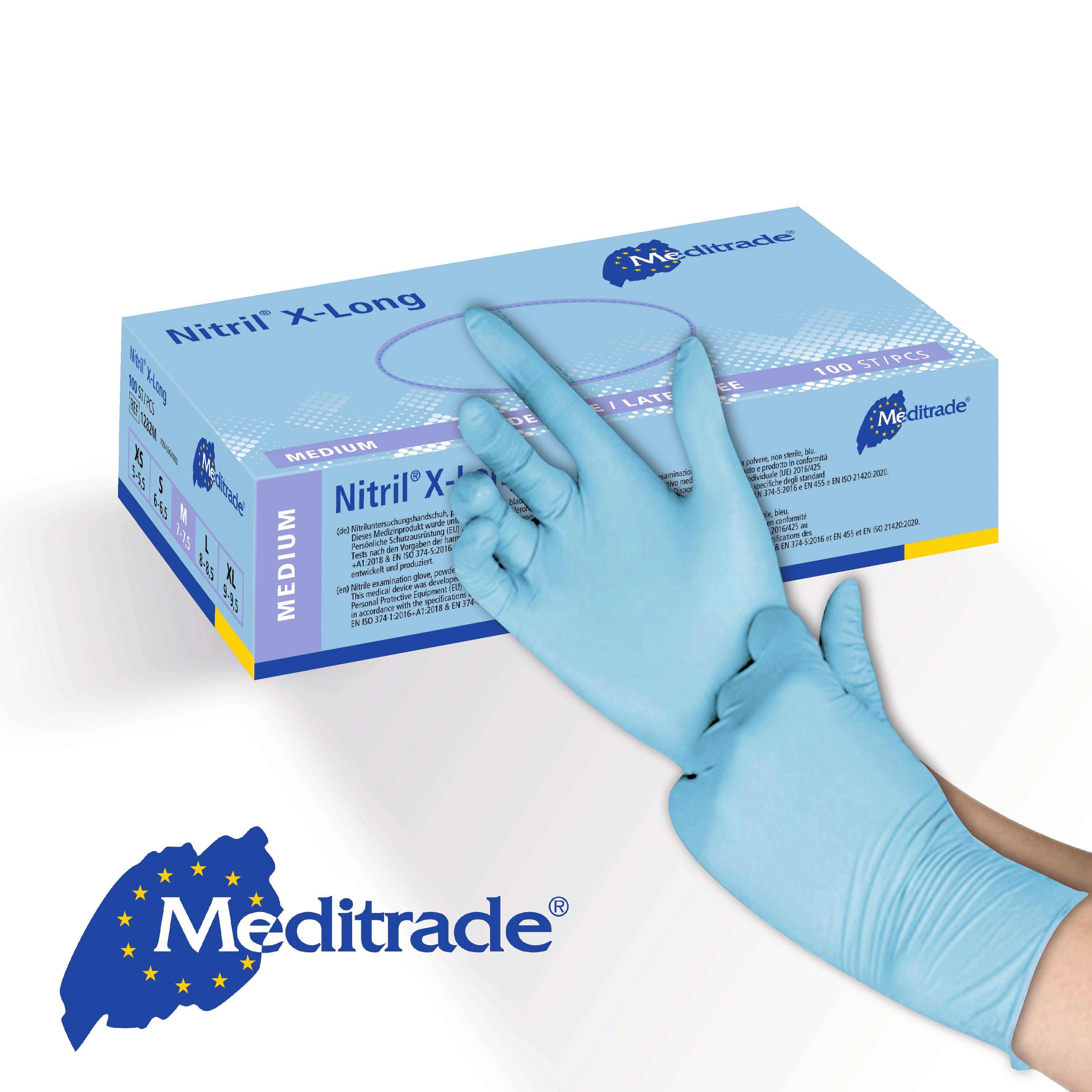 Meditrade Nitril® X-Long Untersuchungshandschuh aus Nitril – Produkt und Verpackung