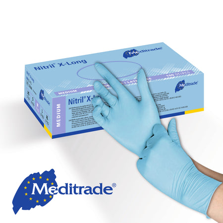 Meditrade Nitril® X-Long Untersuchungshandschuh aus Nitril – Produkt und Verpackung