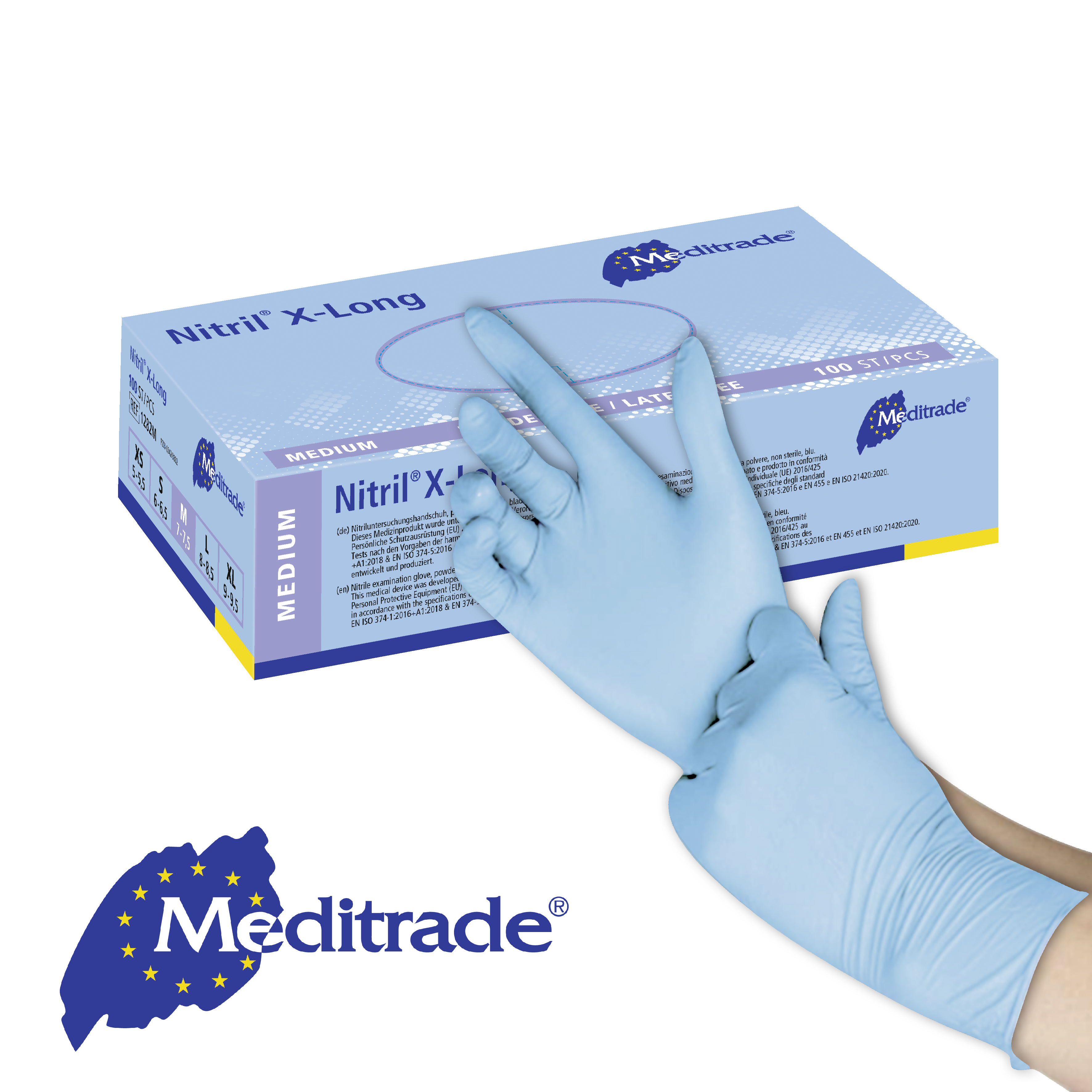 Meditrade Nitril® X-Long Untersuchungshandschuh aus Nitril – Produkt und Verpackung 2