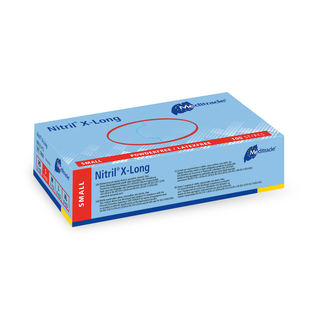Meditrade Nitril® X-Long Untersuchungshandschuh aus Nitril – Verpackungsansicht
