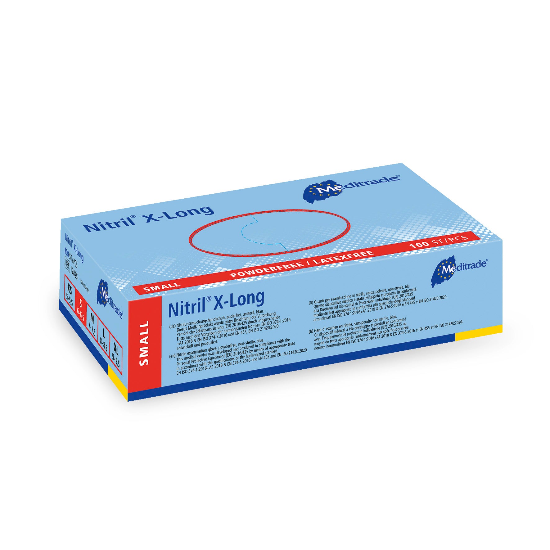 Meditrade Nitril® X-Long Untersuchungshandschuh aus Nitril – Verpackungsansicht