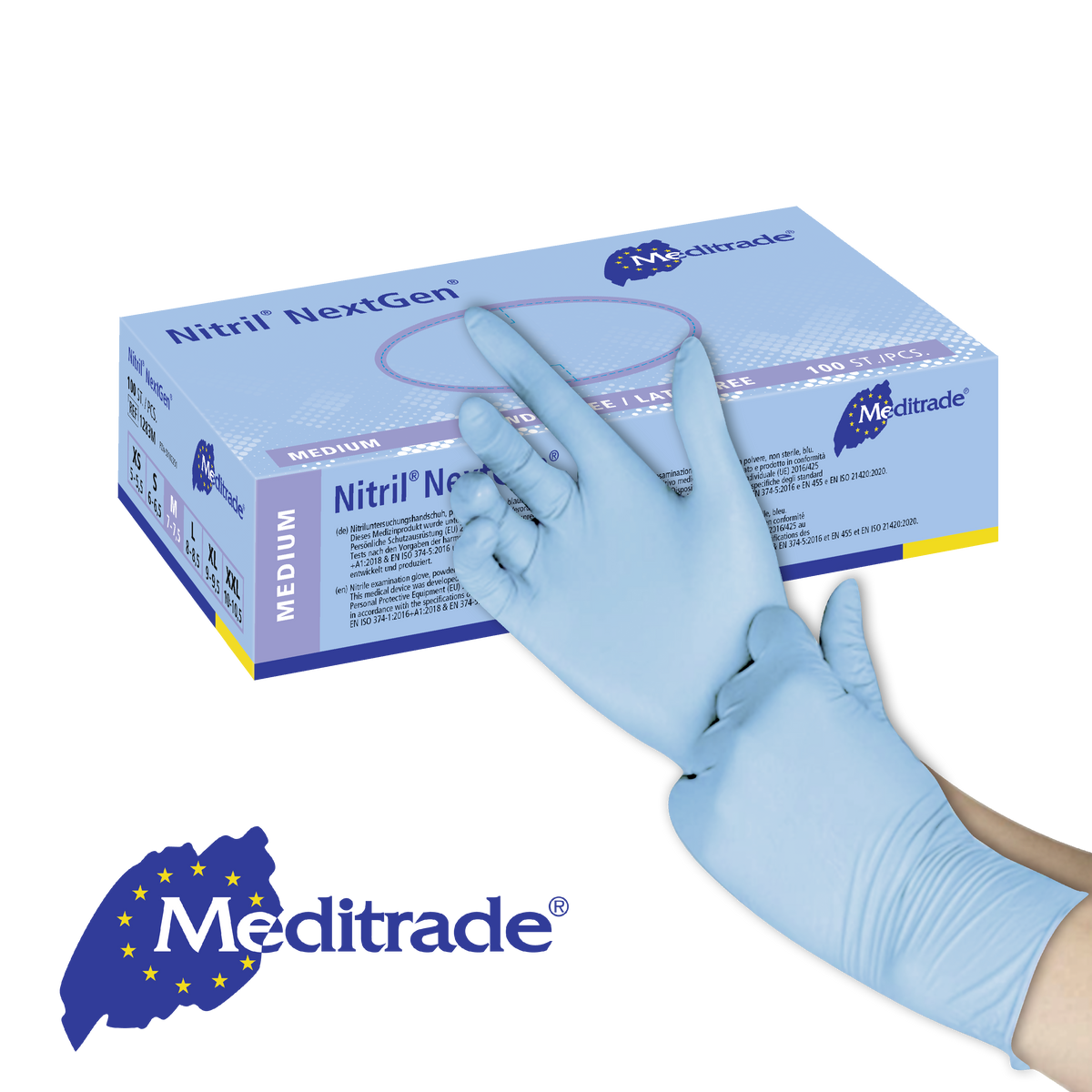 Meditrade Nitril NextGen Untersuchungshandschuh aus Nitril – Produkt und Verpackung 2