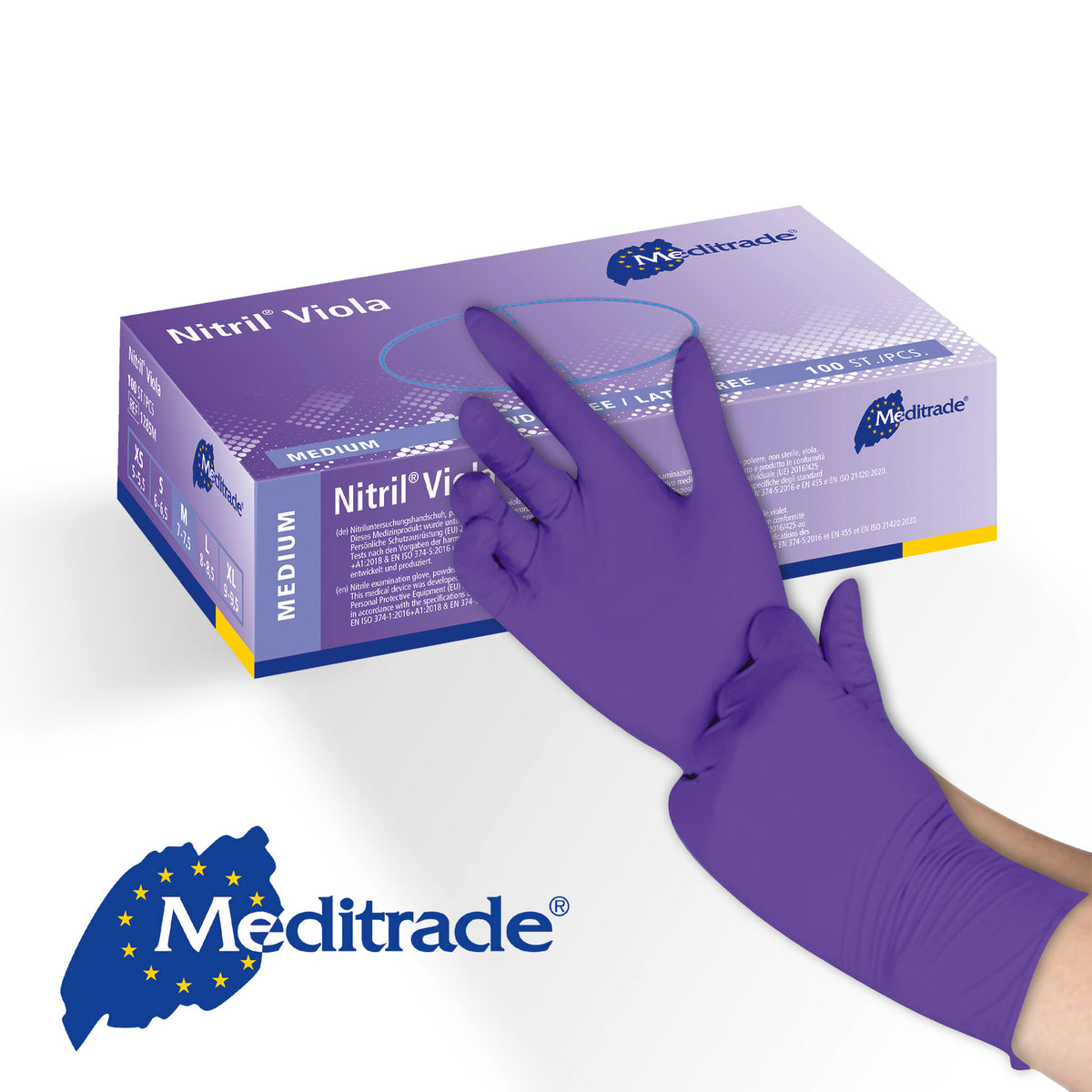 Meditrade Nitril Viola Untersuchungshandschuh – Produkt und Verpackung