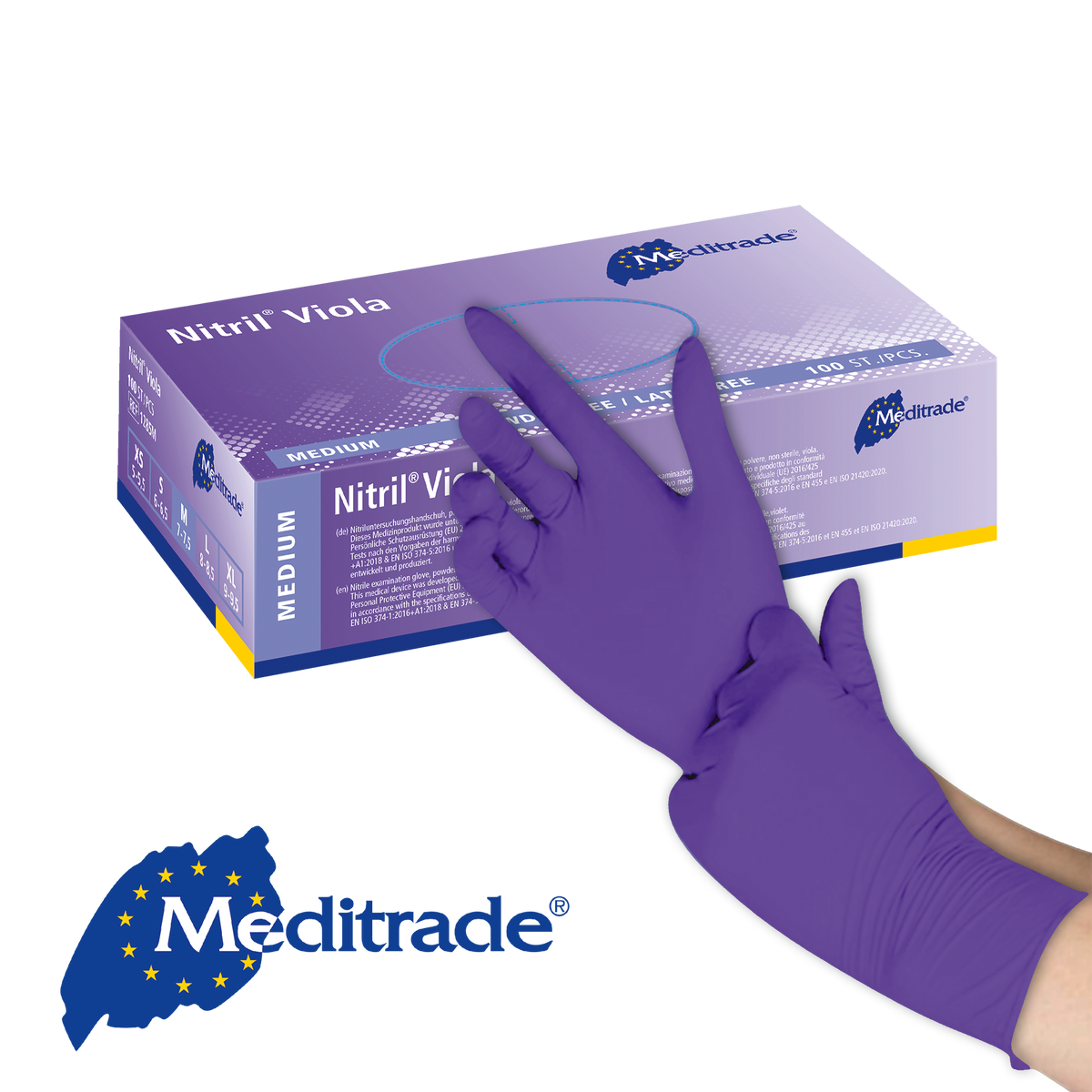Meditrade Nitril Viola Untersuchungshandschuh – Produkt und Verpackung 2