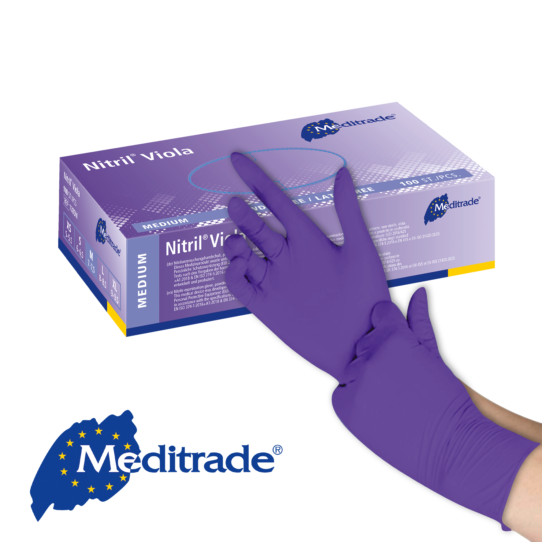 Meditrade Nitril Viola Untersuchungshandschuh – Produkt und Verpackung 2