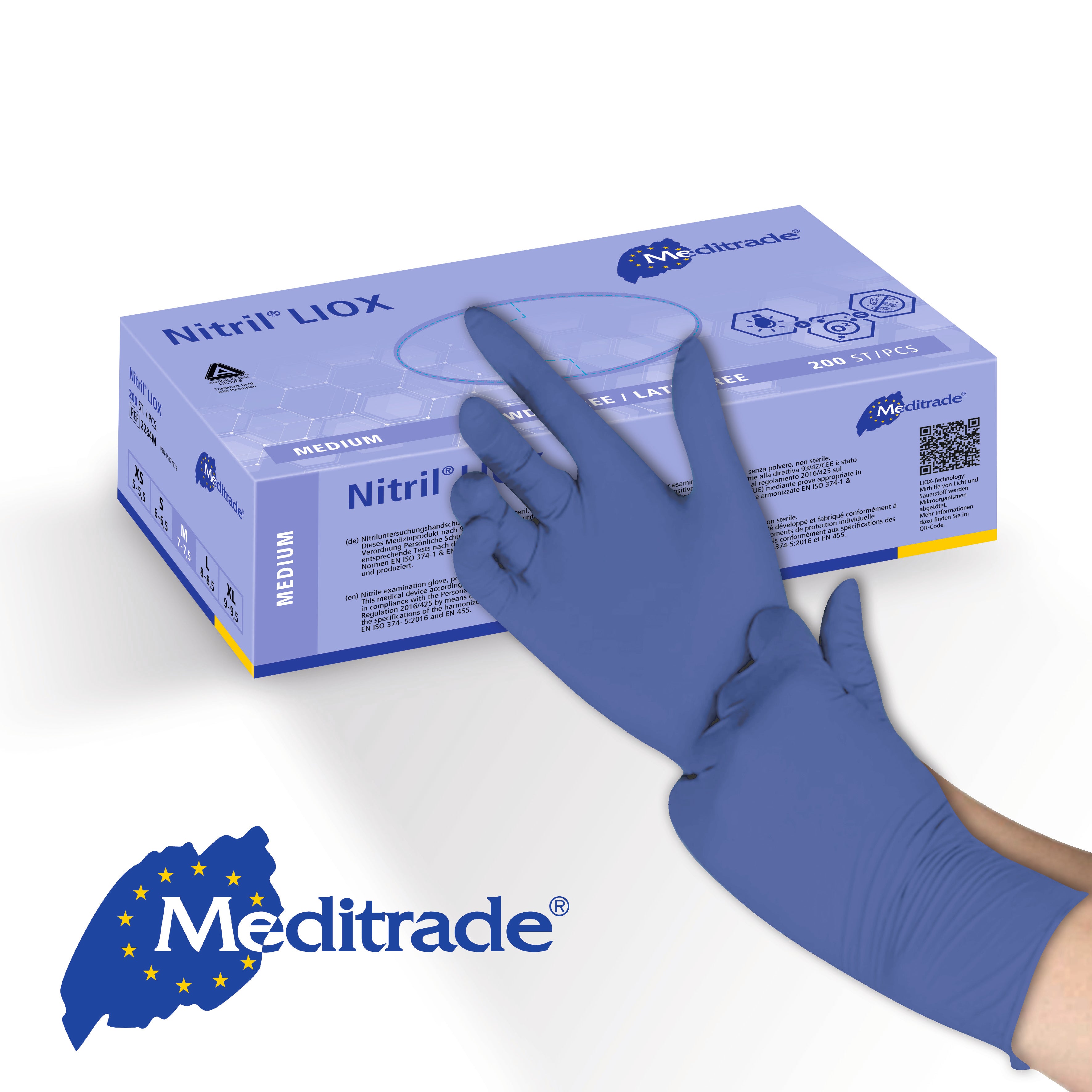 Meditrade Nitril® LIOX Antimikrobieller Untersuchungshandschuh aus Nitril – Produkt und Verpackung
