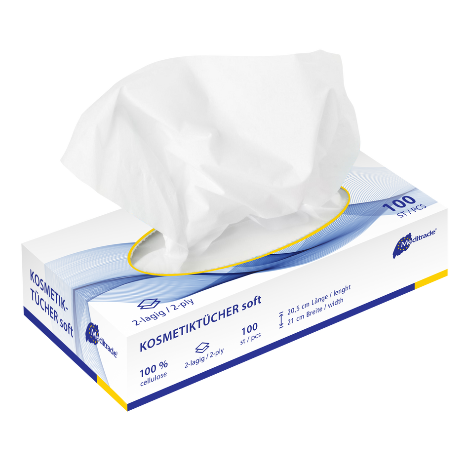 Meditrade Kosmetiktücher – 2-lagig | Zellulose | Maße: 20,5 × 19,5 cm | Inhalt: 100 Stück