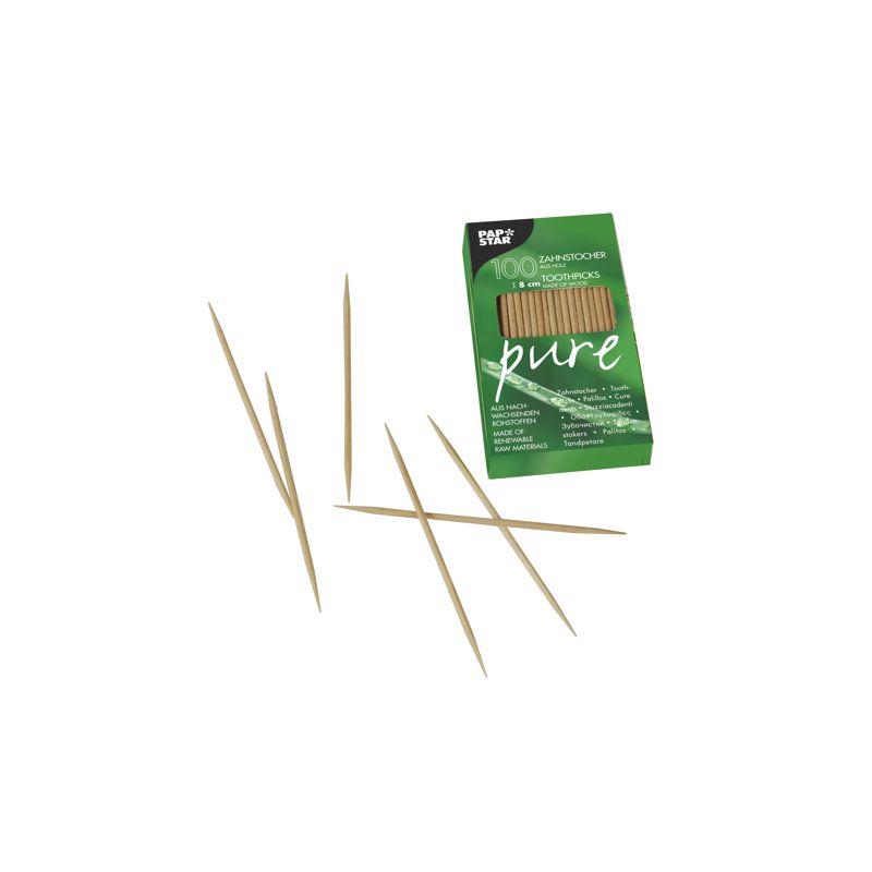PAPSTAR Zahnstocher "pure" aus Holz, rund, 8 cm | Faltschachtel (100 Stück)