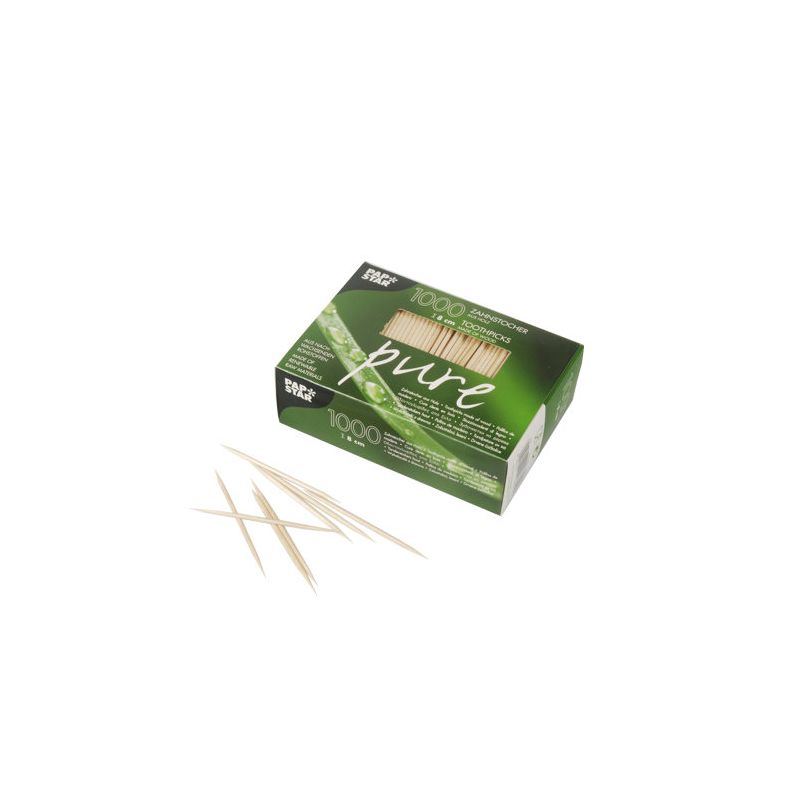 PAPSTAR Zahnstocher "pure" aus Holz, rund, 8 cm | Faltschachtel (1000 Stück)